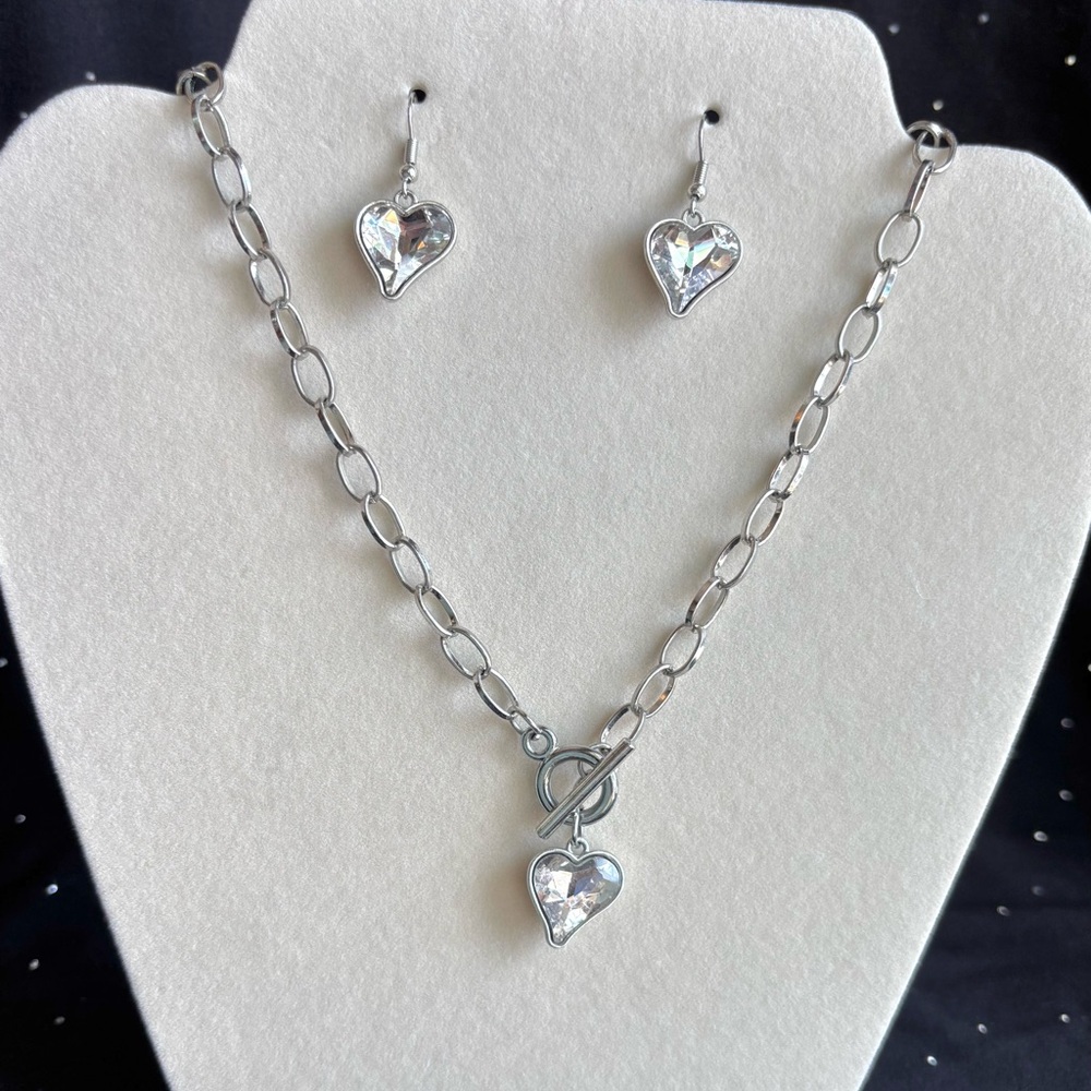 Silver Heart Crystal Toggle Necklace & Earrings Set